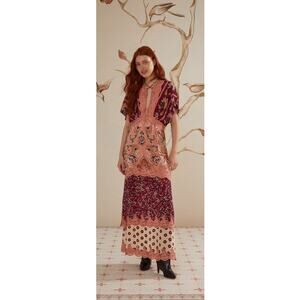 FARM Rio Glam Tapestry Lace Romantic Short Sleeve Maxi Dress Pink Pattern, XXS